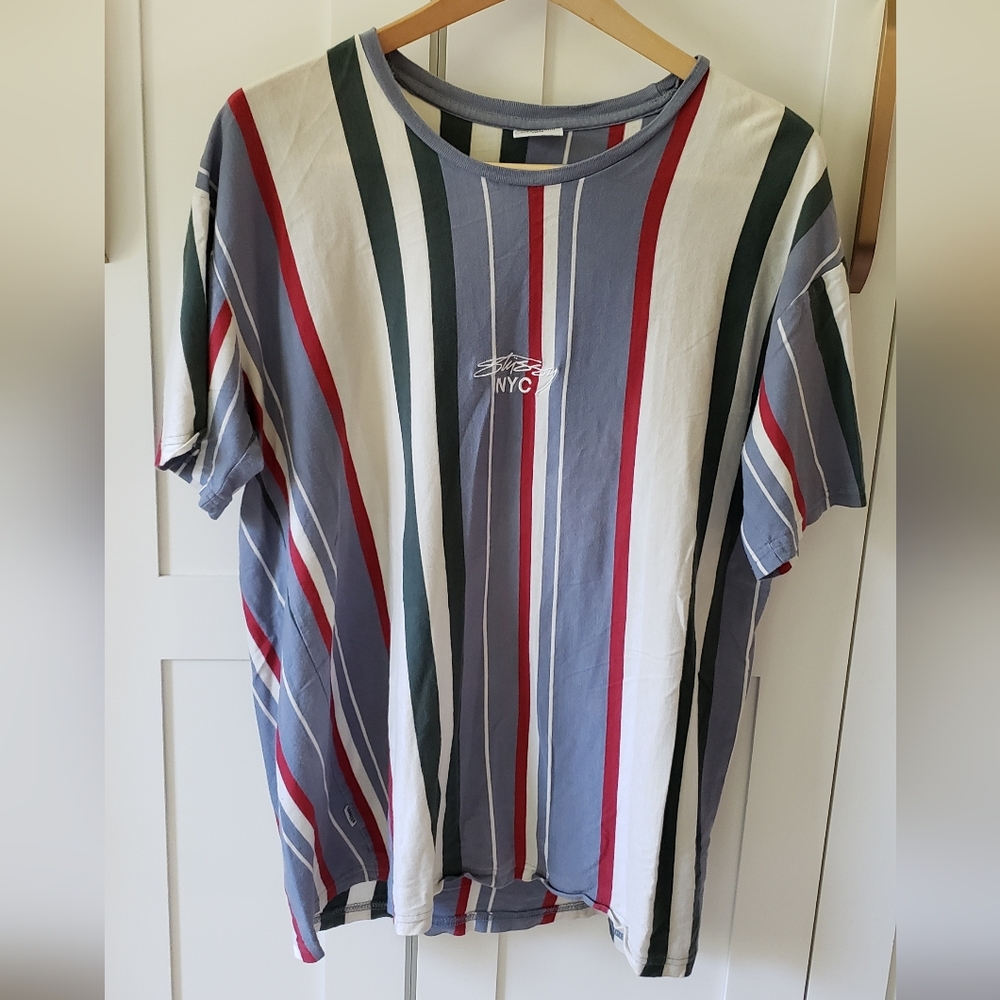 Stussy Stripe T Shirt Mens L White Blue Red Green Retro